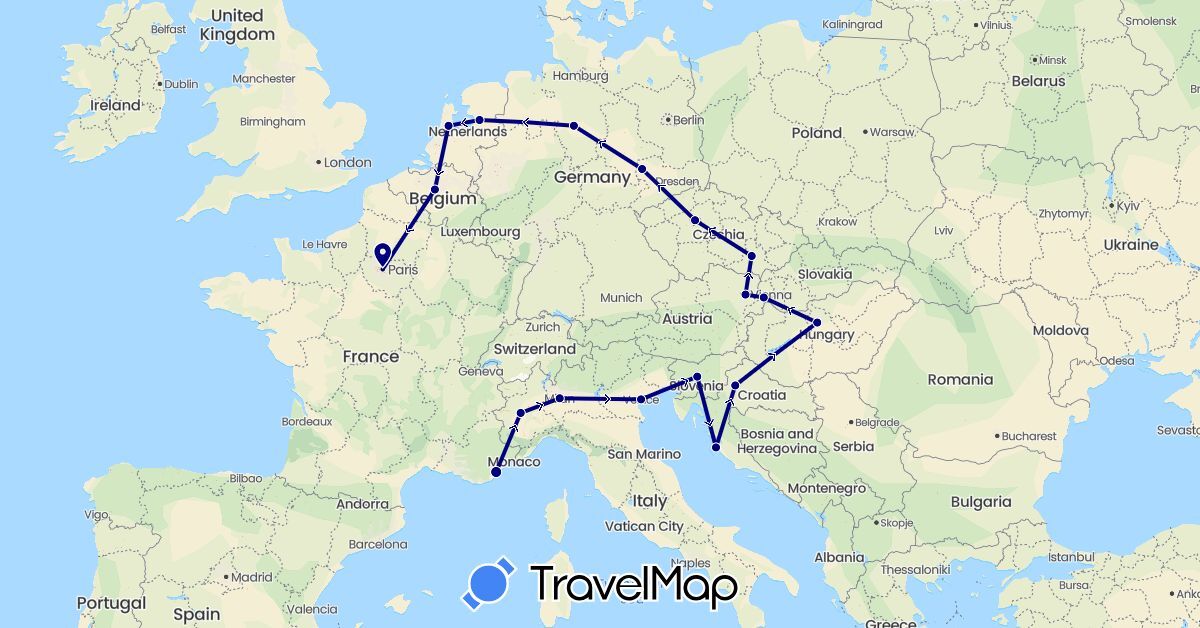 TravelMap itinerary: driving in Austria, Belgium, Czech Republic, Germany, France, Croatia, Hungary, Italy, Netherlands, Slovenia, Slovakia (Europe)